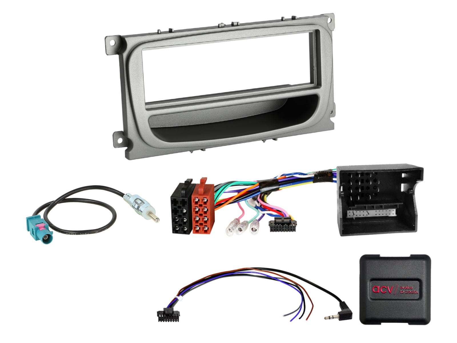 1-DIN Kit Ford Fahrzeuge silber LFB/CAN-Bus/Antenne Fakra