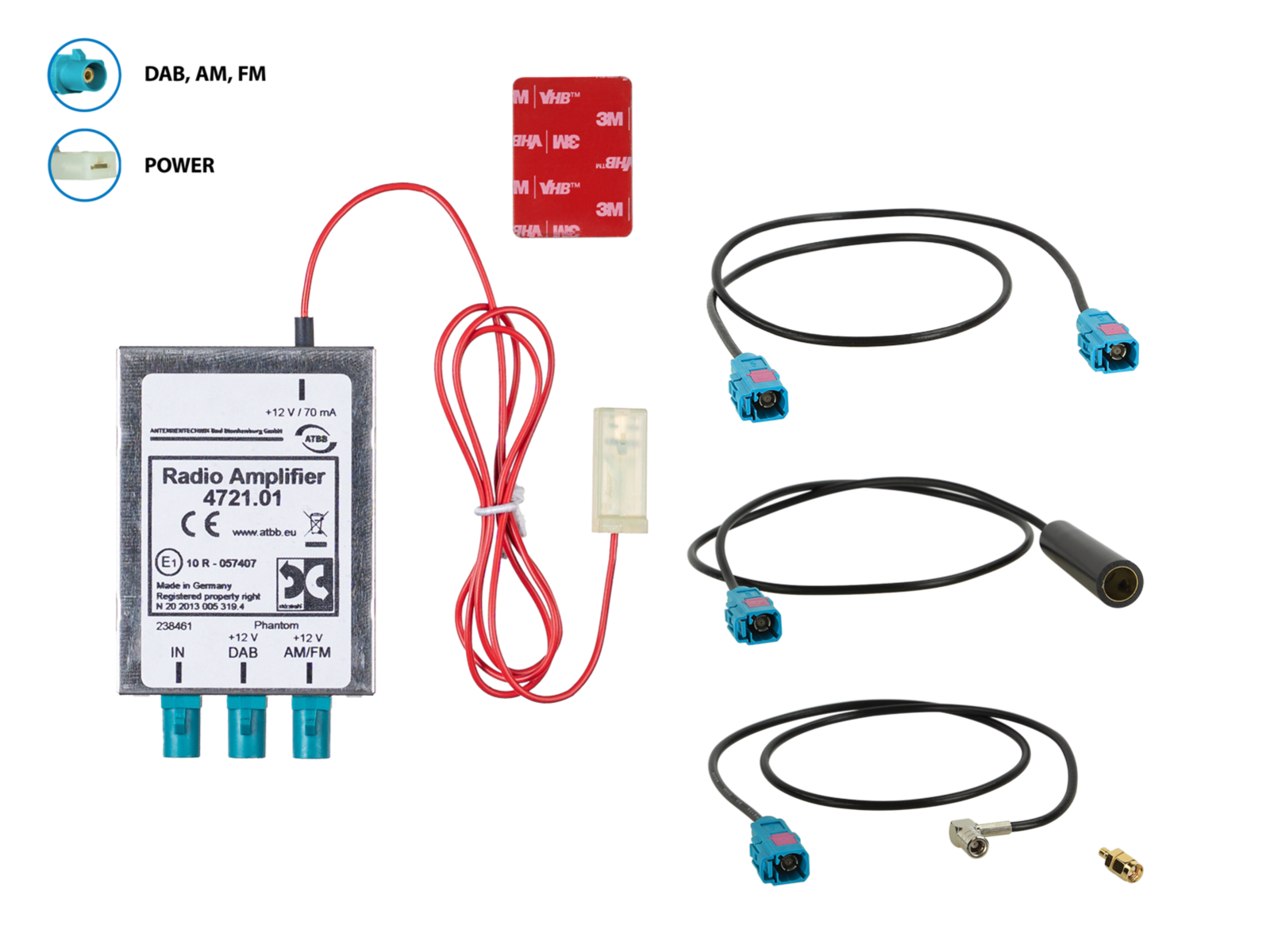 Antennensplitter AM/FM DAB+ Fakra(m)>DIN(m)/SMA(m)/SMB(f)