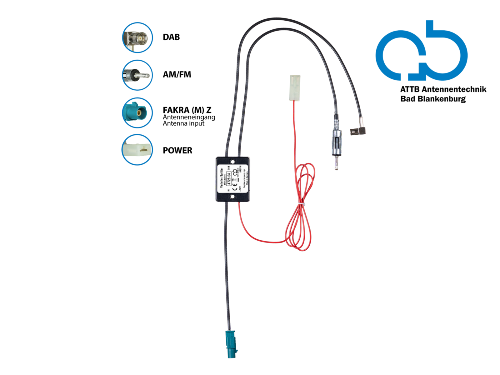 Antennensplitter AM/FM DAB+ Fakra(m)>DIN(m)/SMB(f) verstärkt